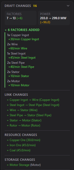 Detailed diff showing factories added, links created, and resource changes