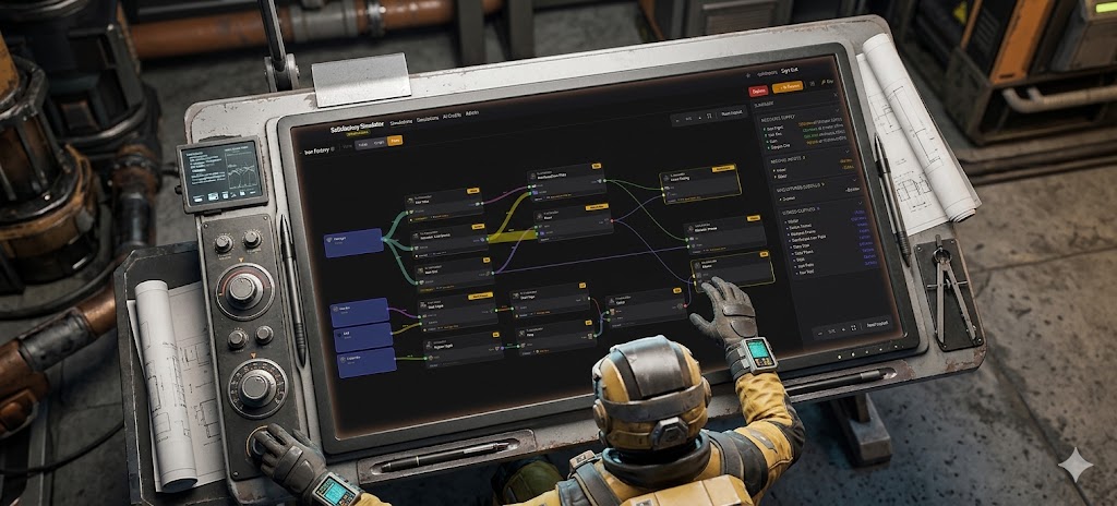Satisfactory Simulator — factory planning tool on a Satisfactory workbench